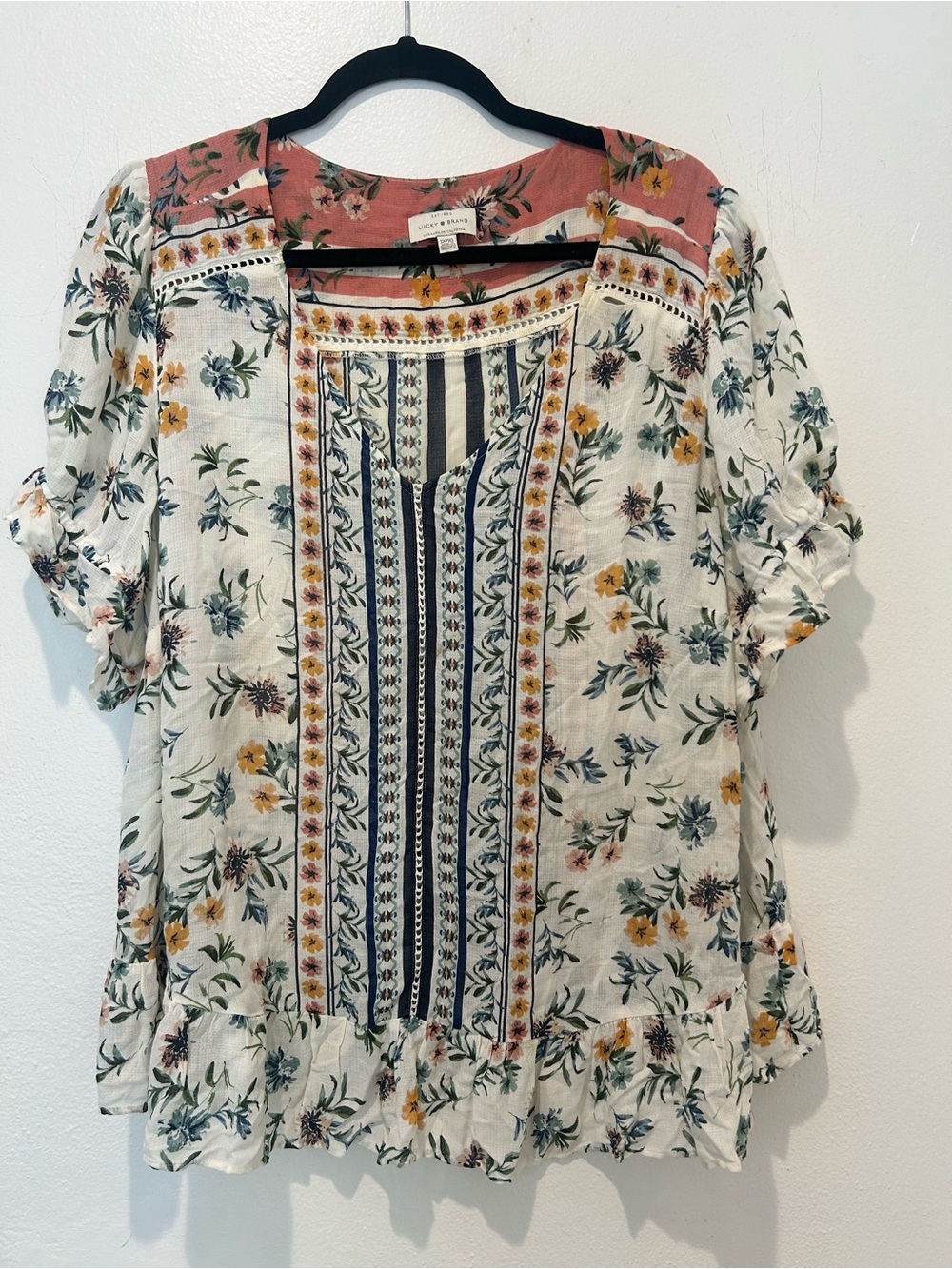 Lucky  Brand Maeve Mixed-Print Floral Peasant Top in Ivory, Rust, Yellow, Blue